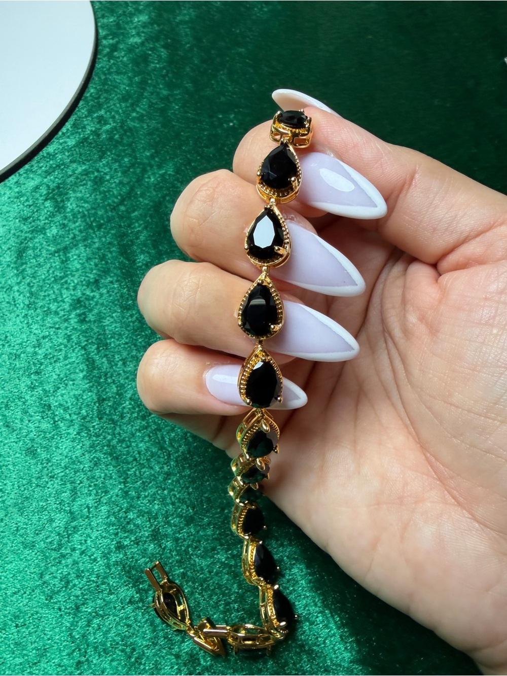 14K Gold Plated Bracelet with Black Teardrop Stones, New Arrivals!